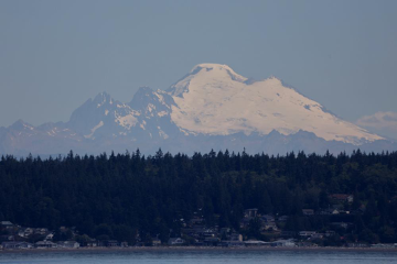 A photo of a large snow-capped mountain in the background with a tree-lined shoreline in the foreground.