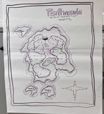 A hand-drawn map of a fantastical island shaped like a parrot