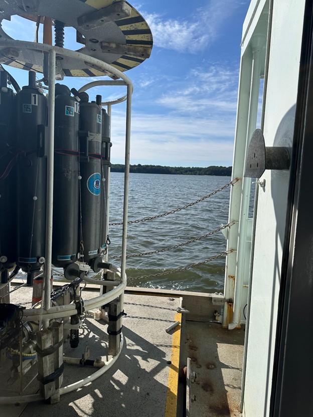 view of the water and part of the Niskin rosette from the CTD platform