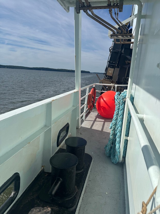 looking down the ship deck towards the back